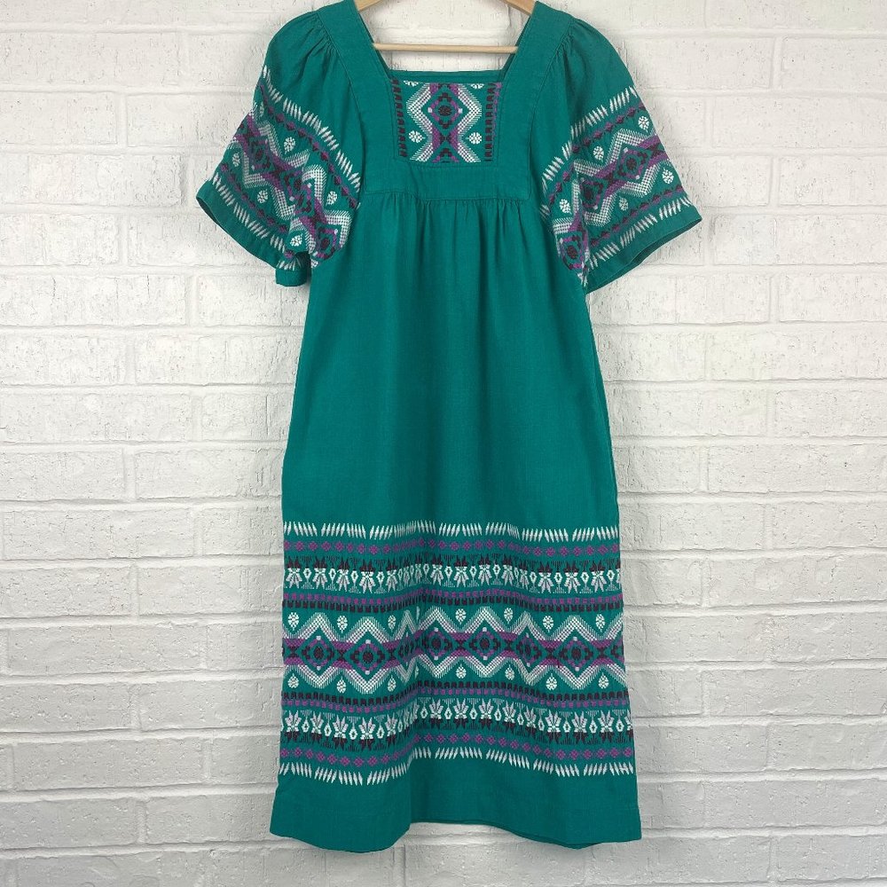 Vintage Latin's Lady Collection Embroidered Mexico Caftan Midi Cotton Dress [S]